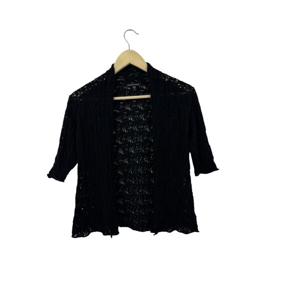 Eileen Fisher Small Wool Cardigan Sweater Crop Black Sheer Crochet Lace Womens - Picture 1 of 12